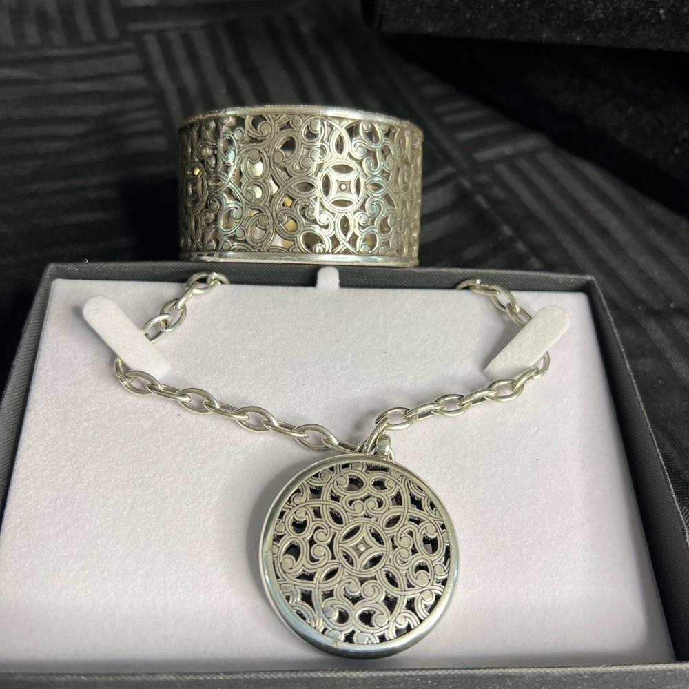 Brighton Silver Medallion Necklace and Filigree Bracelet Set